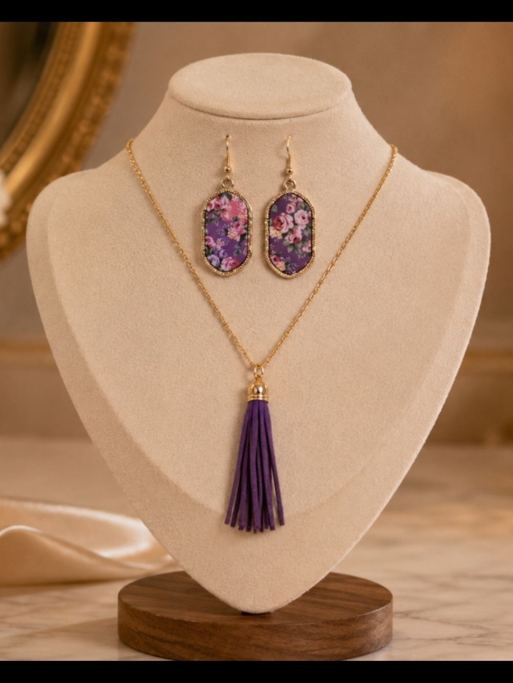 Chain Necklace and Floral Purple Tassel Earrings Set - Purple
